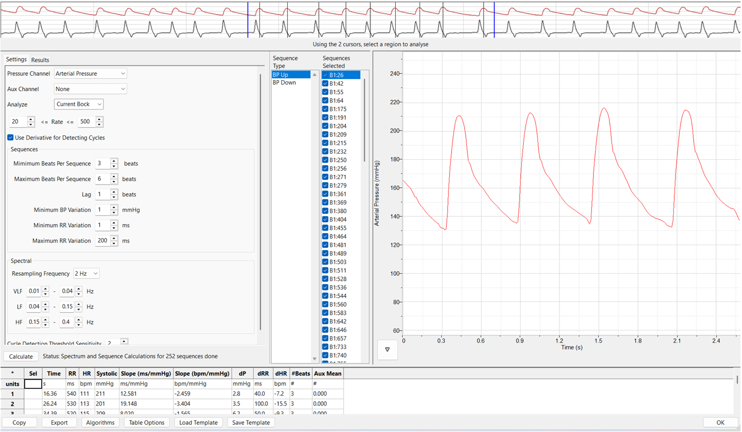 BaroReflex Module Settings in LabScribe